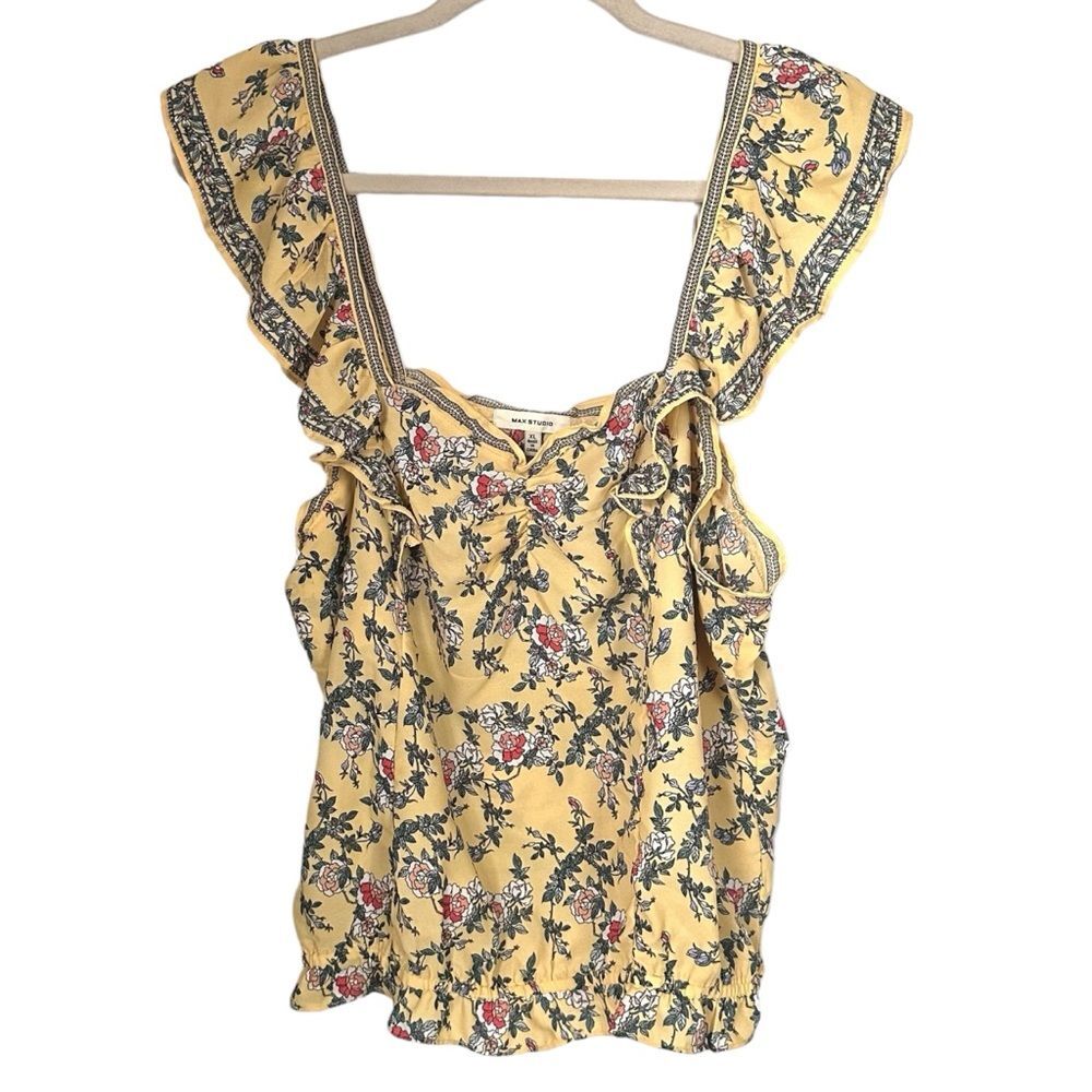 Max Studio Women’s Sz XL Yellow Green White Floral Ruffle Strap Tank Top